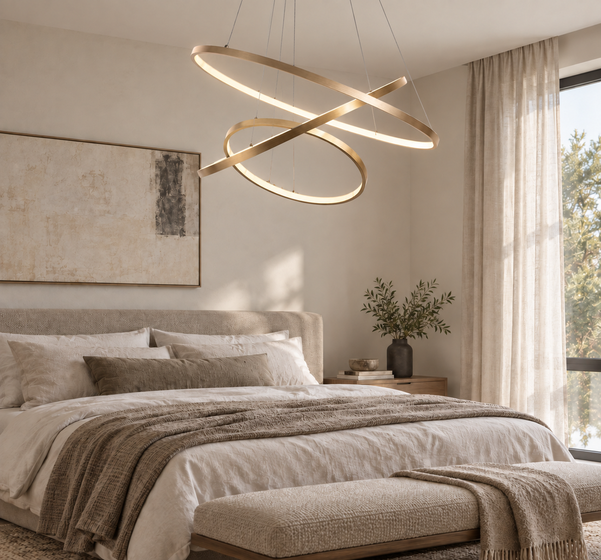 Aldwick stacked ring LED chandelier in gold in a contemporary bedroom