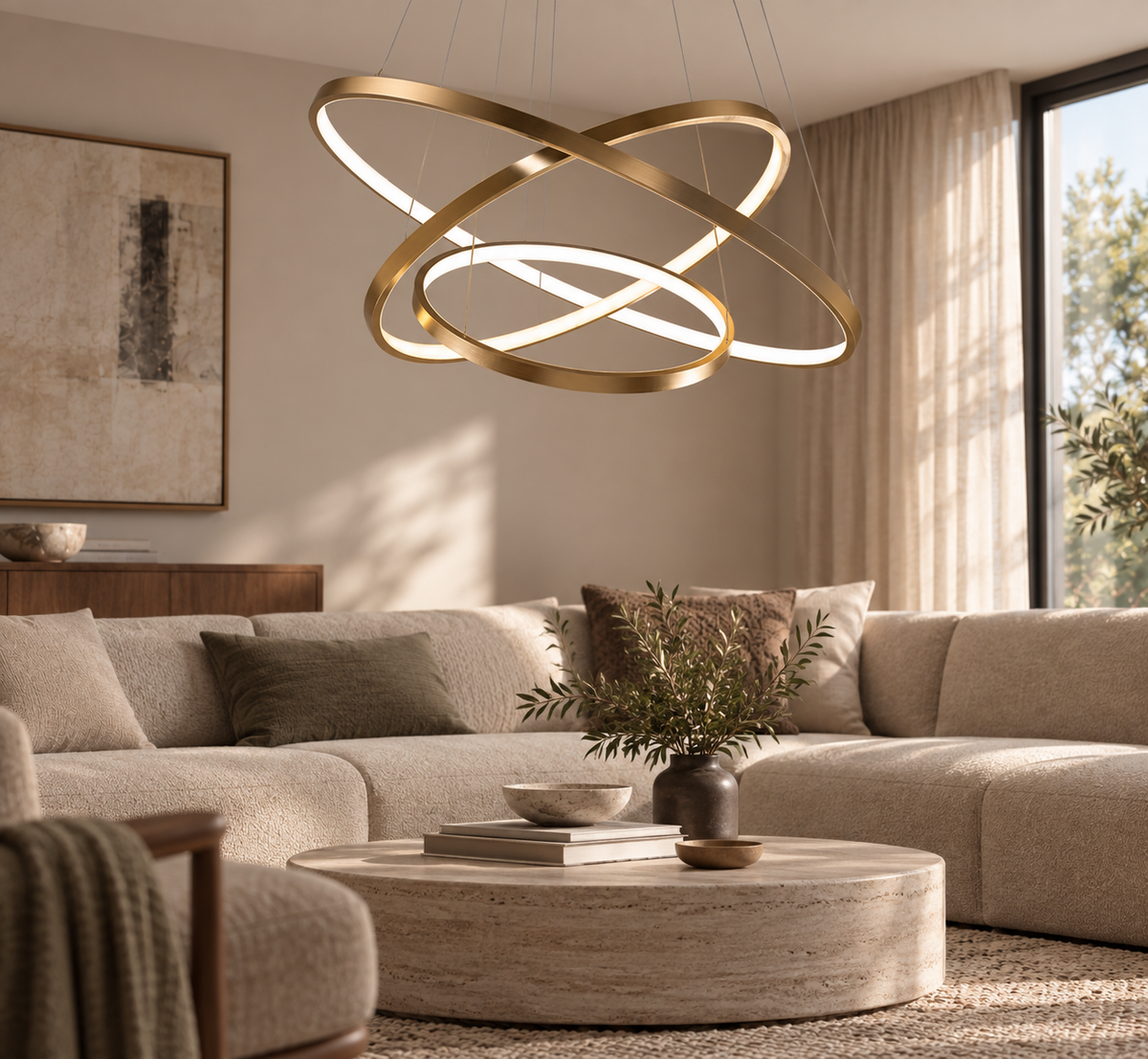 Aldwick gold stacked ring LED chandelier in a contemporary living room