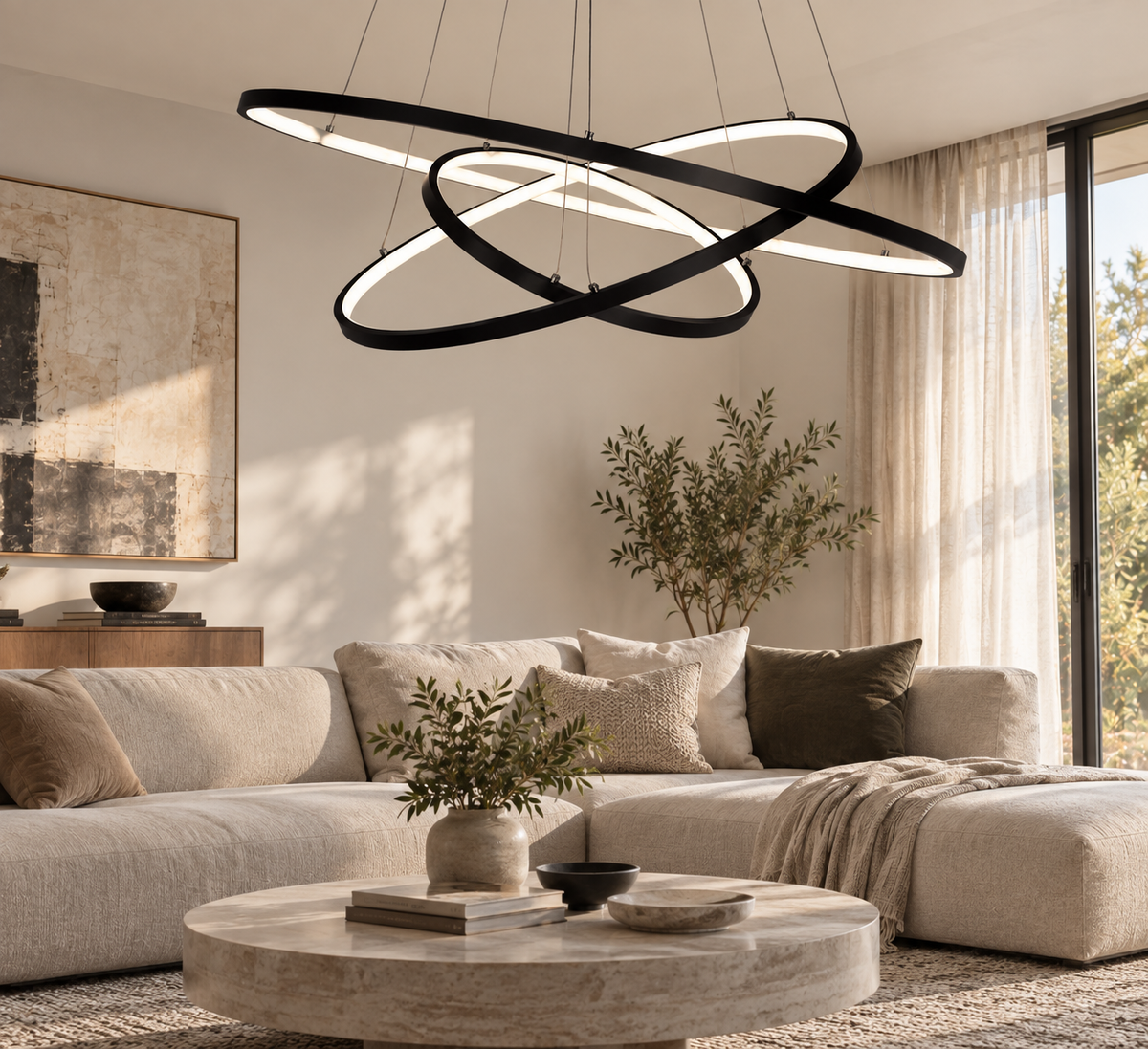 Aldwick stacked ring LED chandelier in black in a contemporary living room