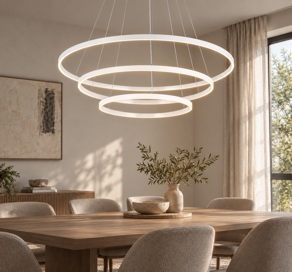 Aldwick concentric ring LED chandelier in white above a dining table