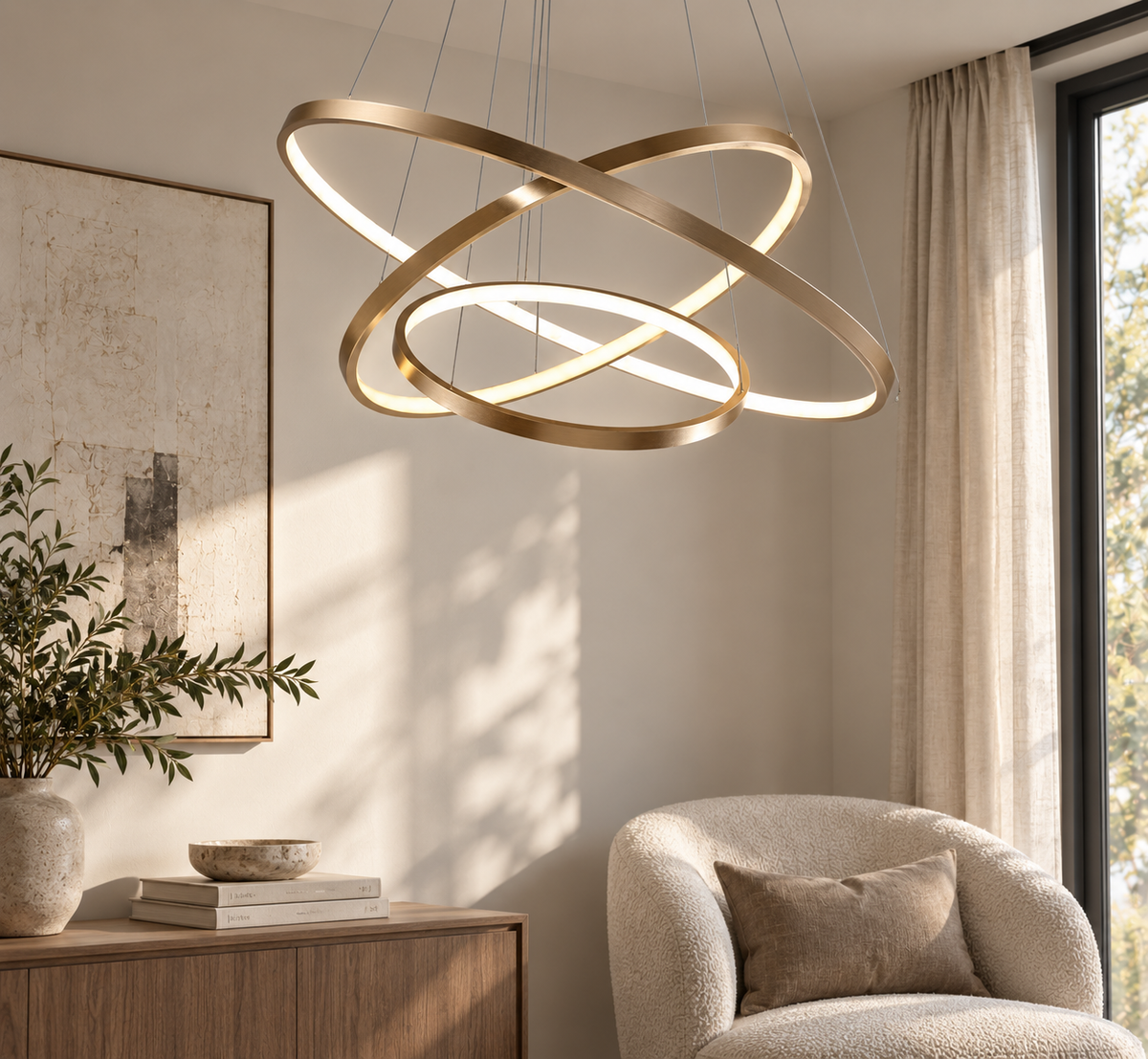 Close view of Aldwick gold stacked ring LED chandelier