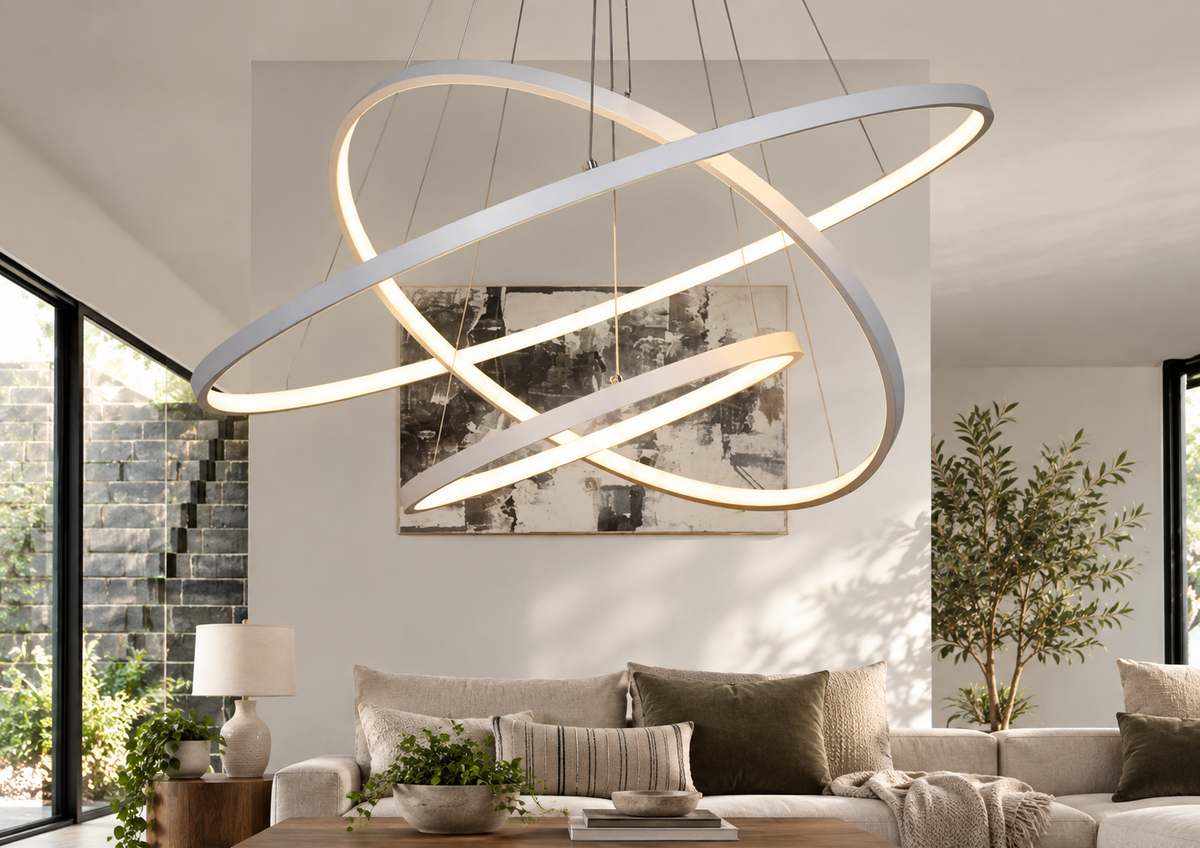 Aldwick white stacked ring LED chandelier in a bright living room