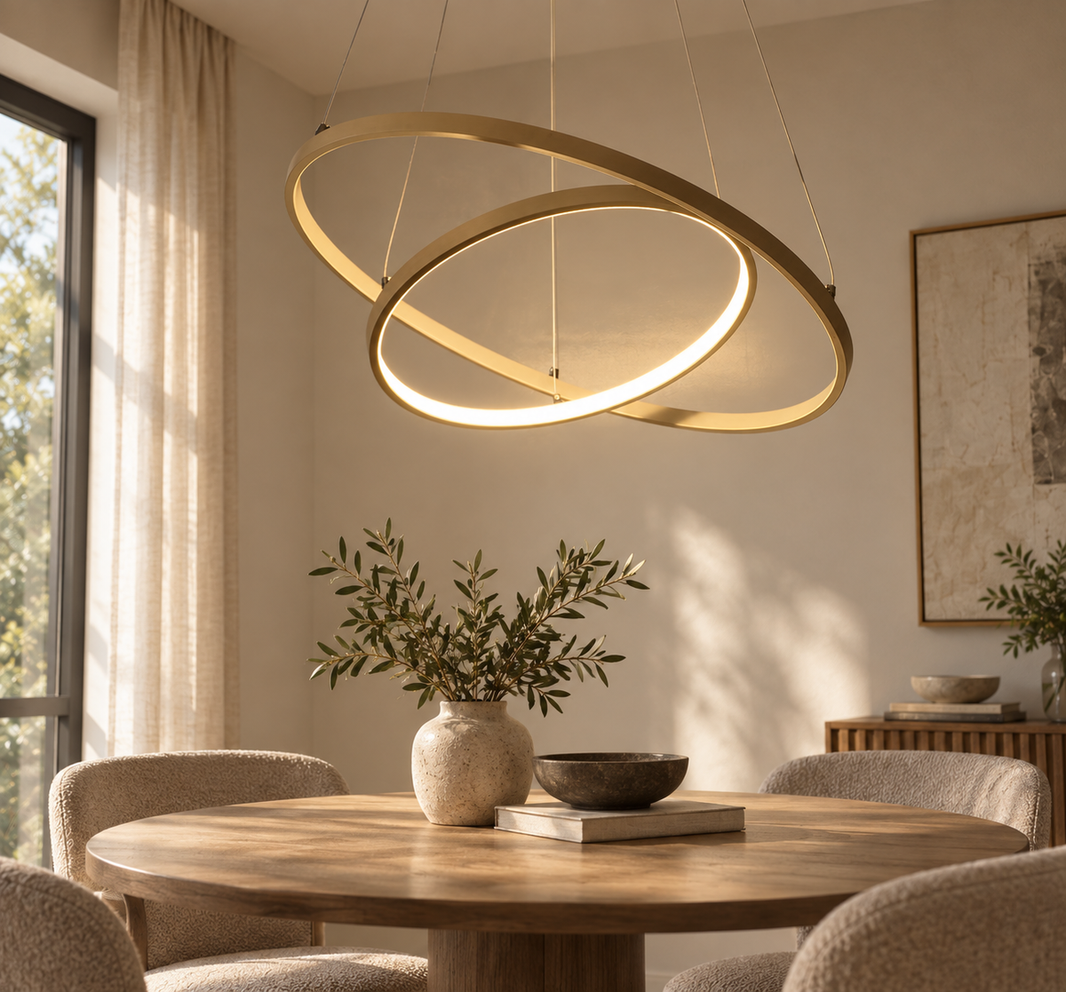 Aldwick gold two-ring LED chandelier above a dining table
