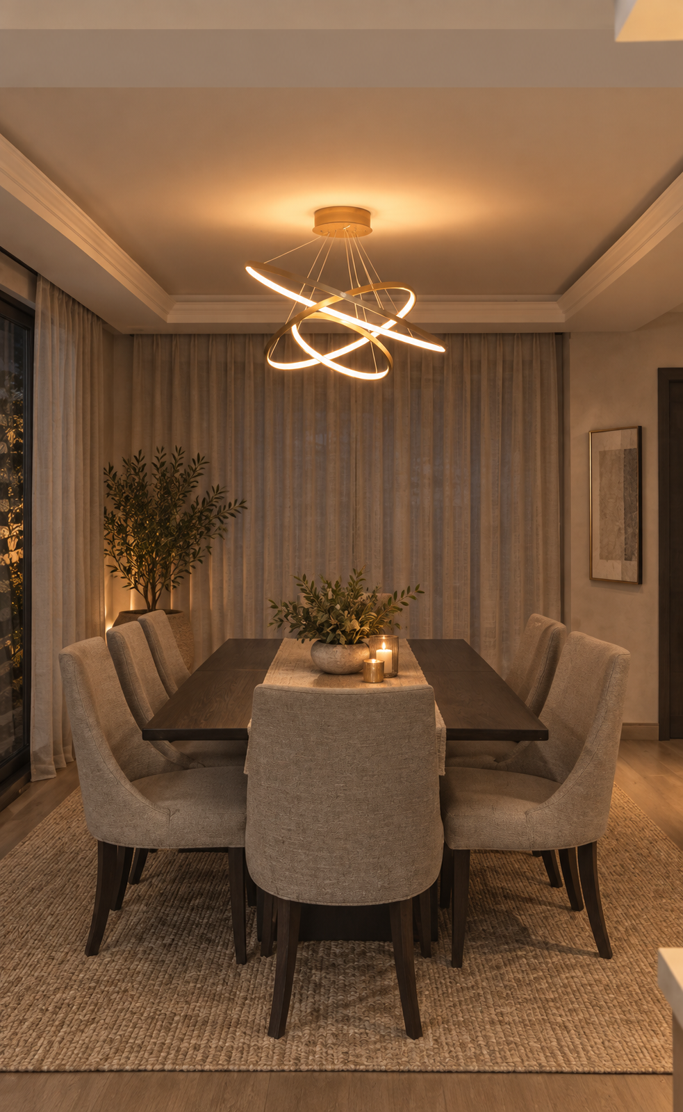 Aldwick gold stacked ring LED chandelier installed in a dining room