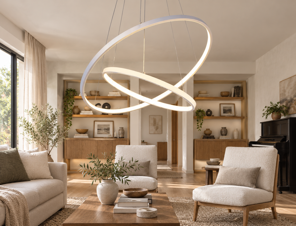 Aldwick white two-ring LED chandelier in a contemporary lounge