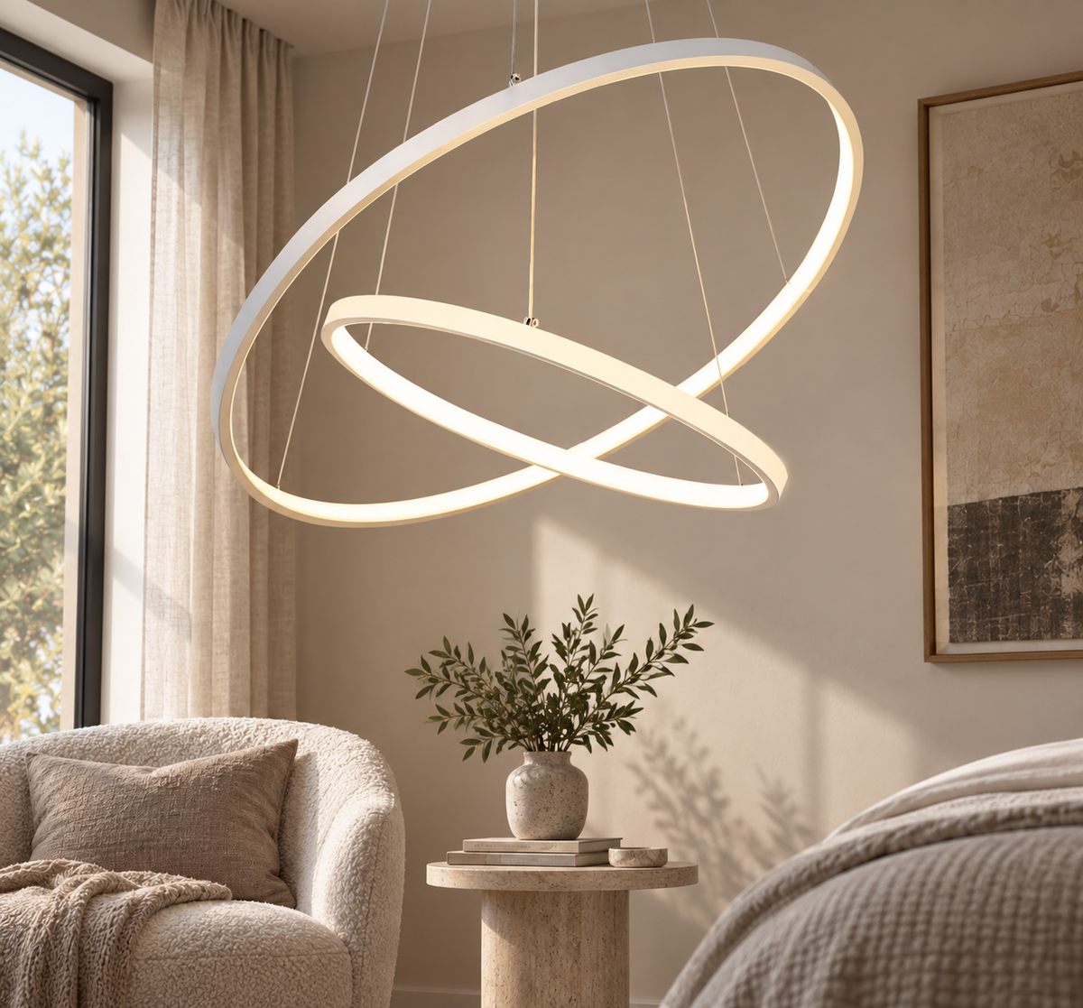 Close view of Aldwick white two-ring LED chandelier