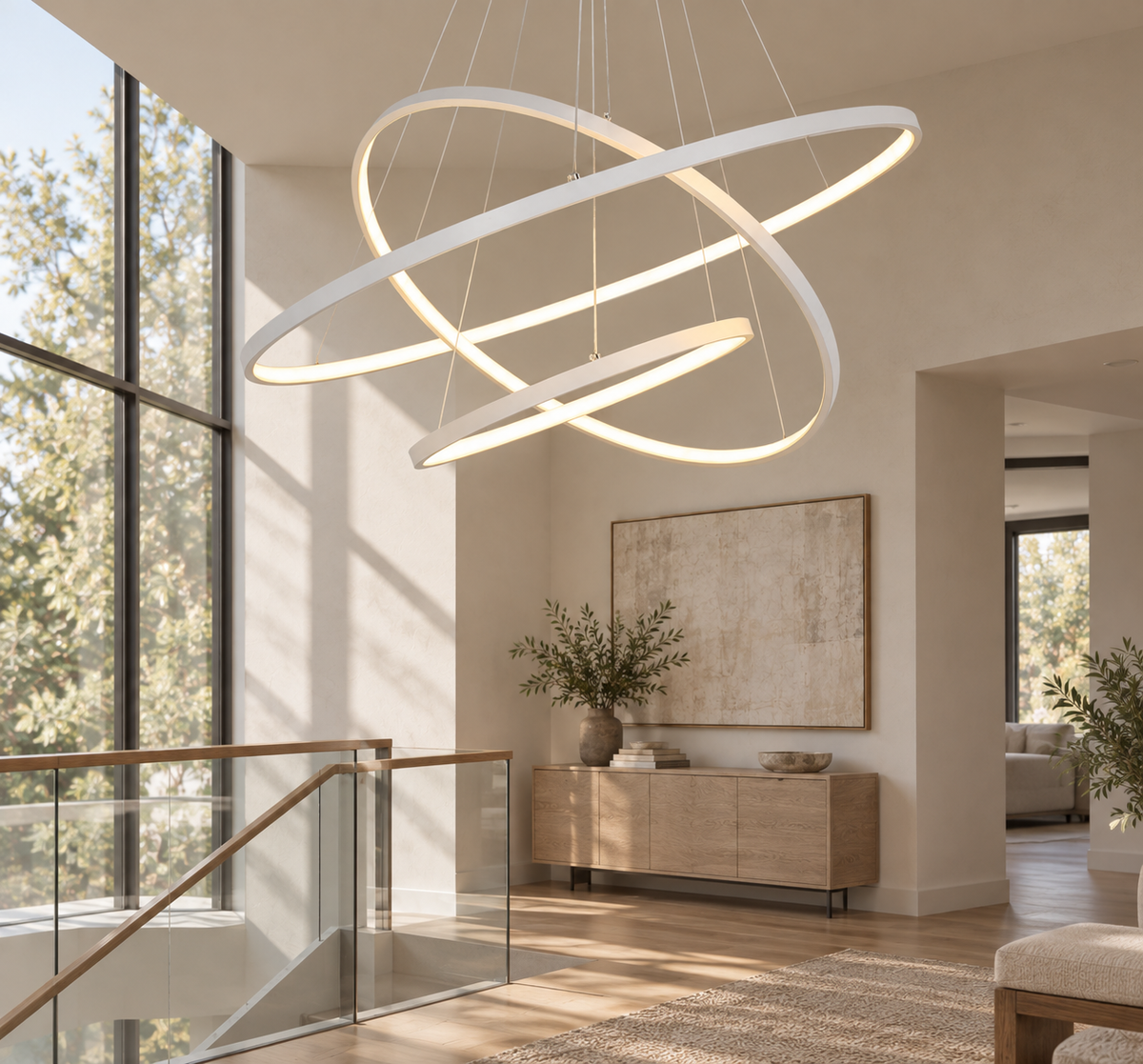 Aldwick white three-ring LED chandelier in an open stair landing