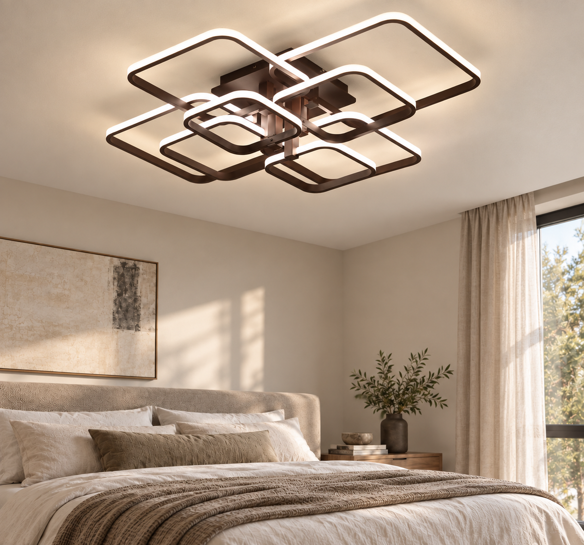 Cotswold coffee layered square LED flush chandelier in a contemporary bedroom