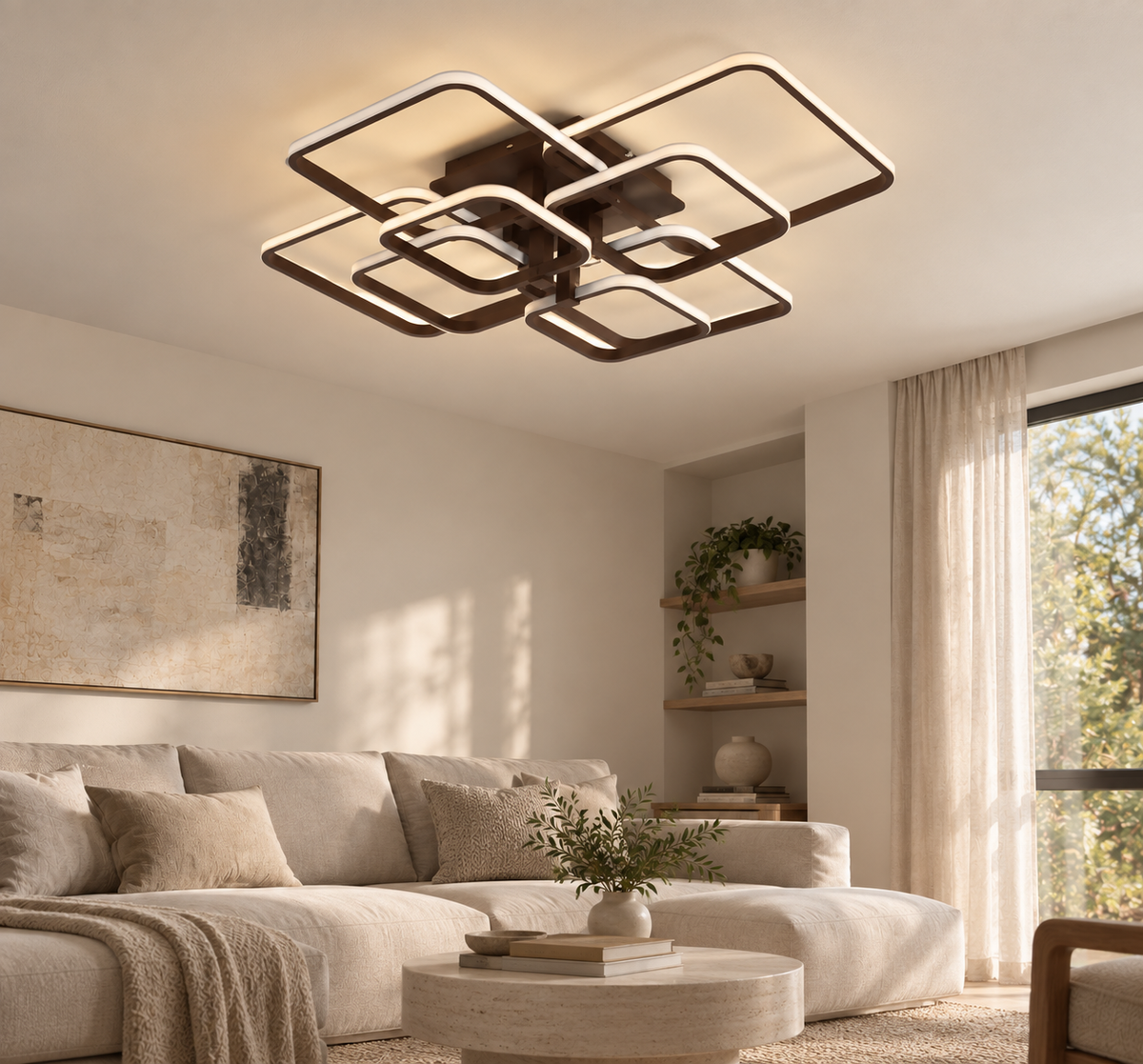 Cotswold black layered square LED flush chandelier in a contemporary living room