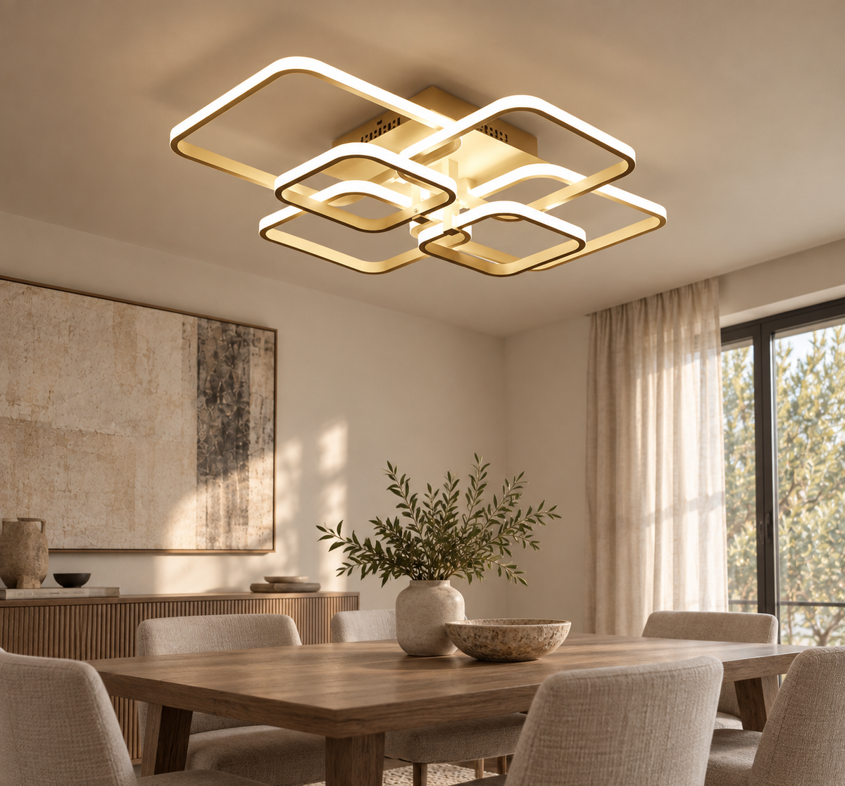 Cotswold coffee layered square LED flush chandelier above a dining table