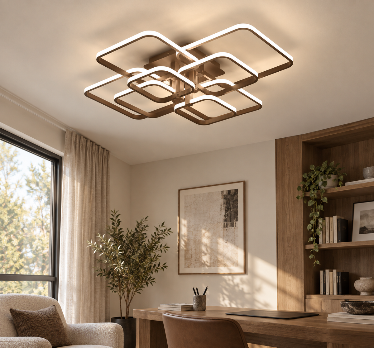 Cotswold coffee layered square LED flush chandelier in a contemporary study