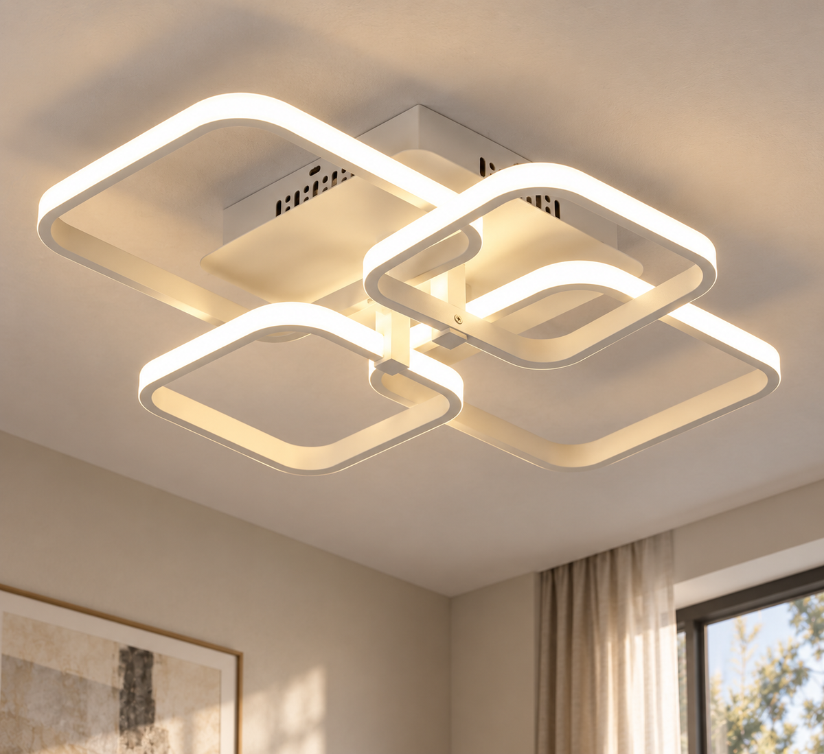 Close view of Cotswold white layered square LED flush chandelier