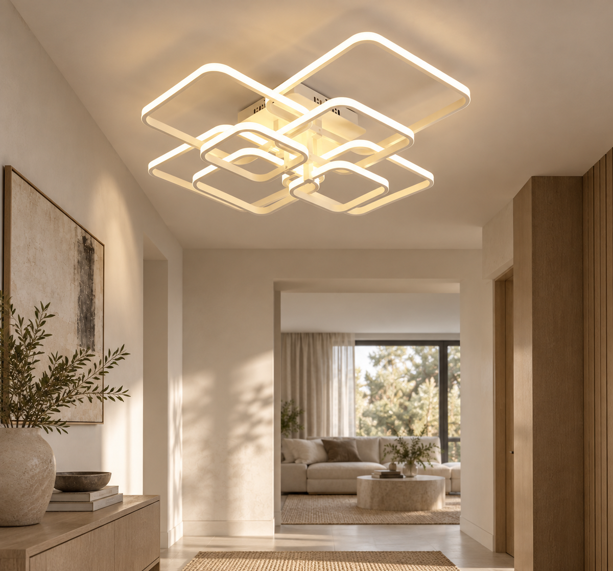 Cotswold white layered square LED flush chandelier in a contemporary hallway