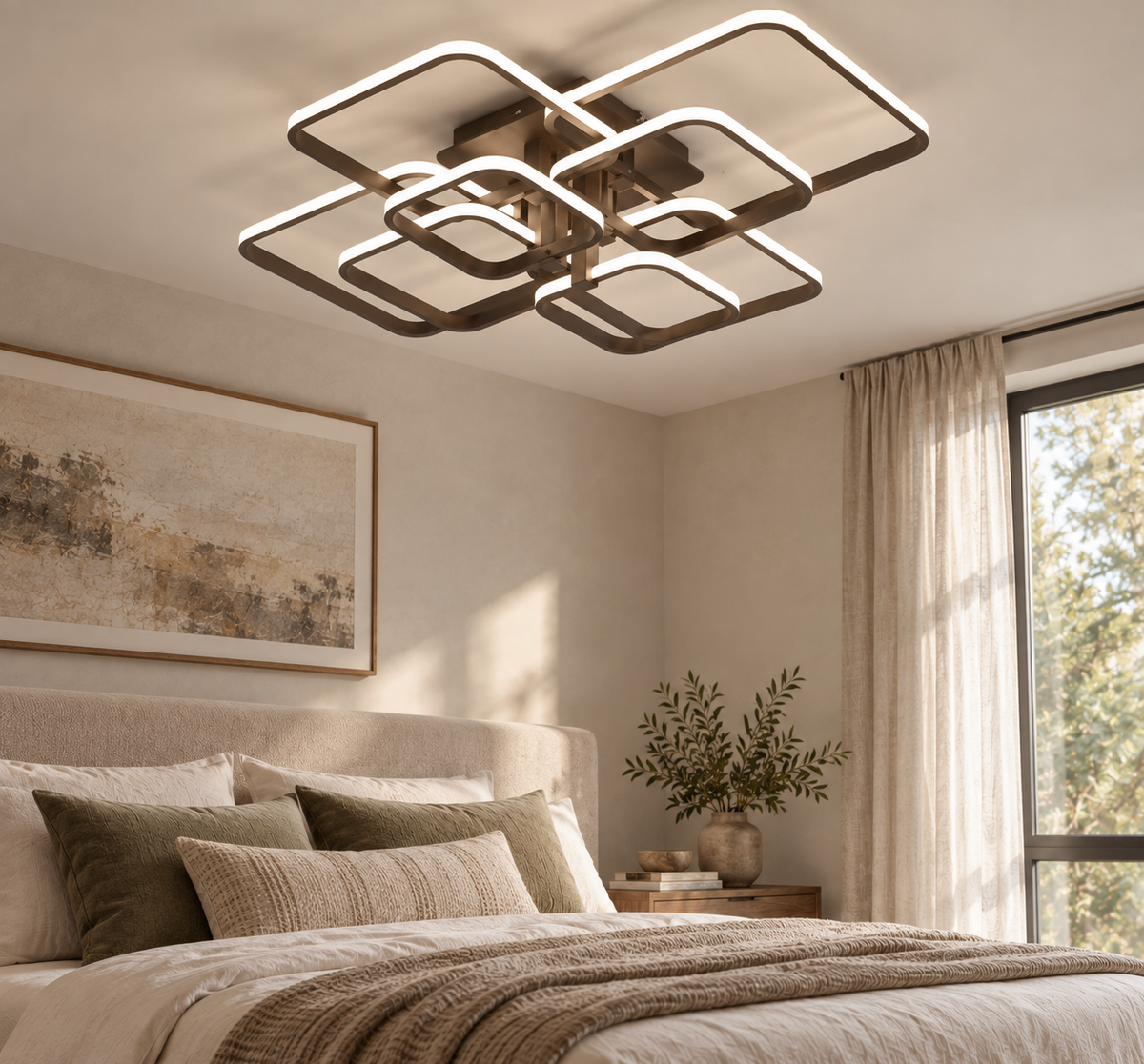 Cotswold coffee layered square LED flush chandelier in a contemporary bedroom