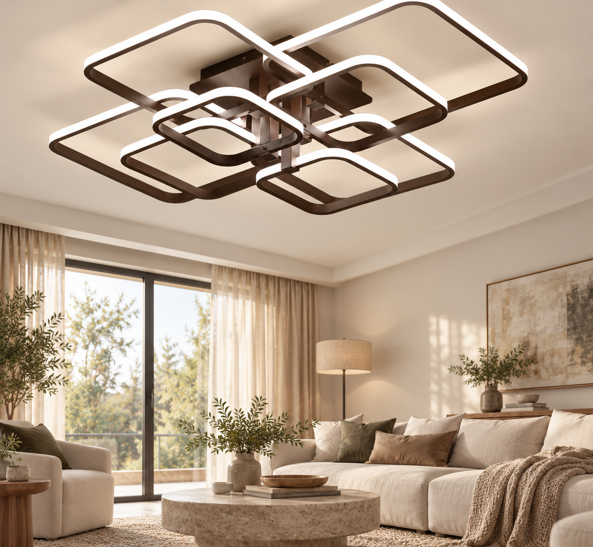 Cotswold coffee layered square LED flush chandelier in a contemporary living room