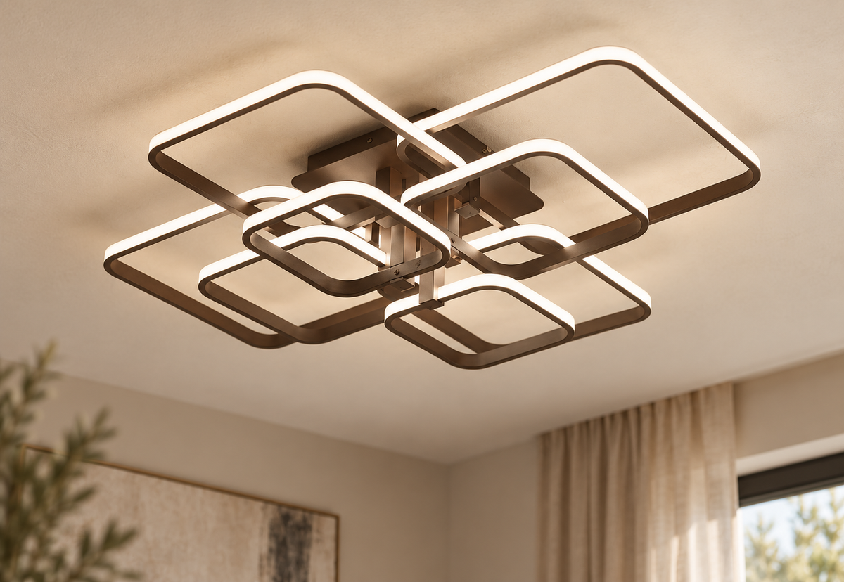 Close view of Cotswold coffee layered square LED flush chandelier