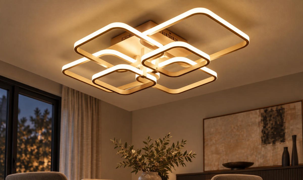 Cotswold coffee layered square LED flush chandelier in a warm evening interior