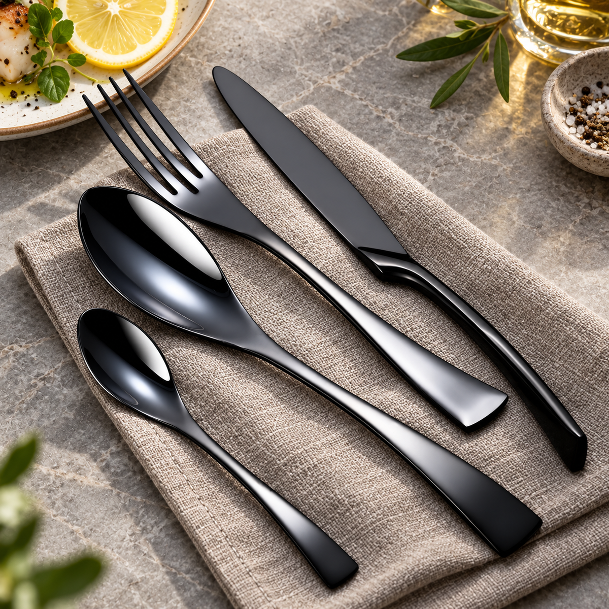 Eira black stainless steel cutlery set on charcoal linen with fork, knife, spoon, and teaspoon