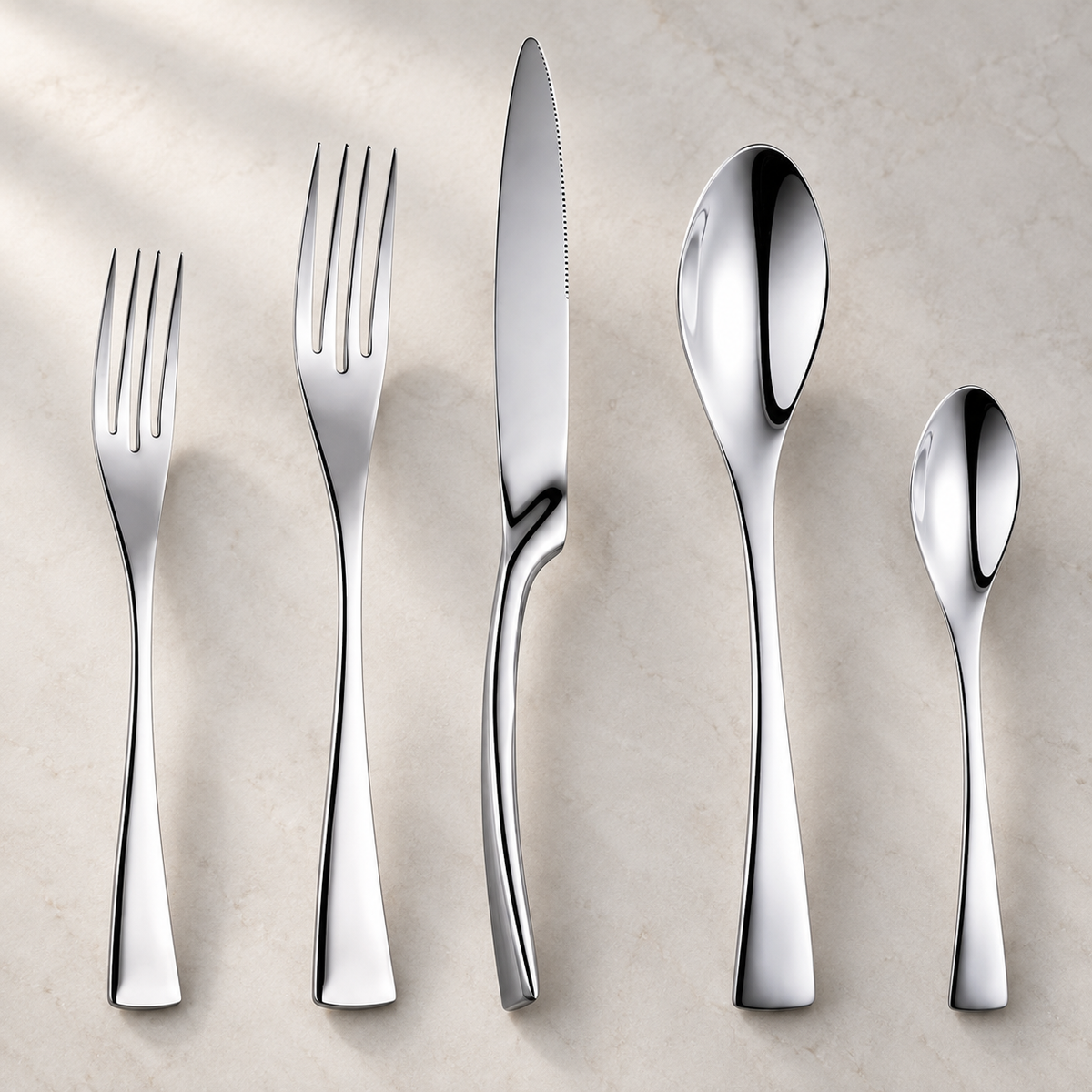 Eira silver stainless steel cutlery set with knife, two forks, spoon, and teaspoon