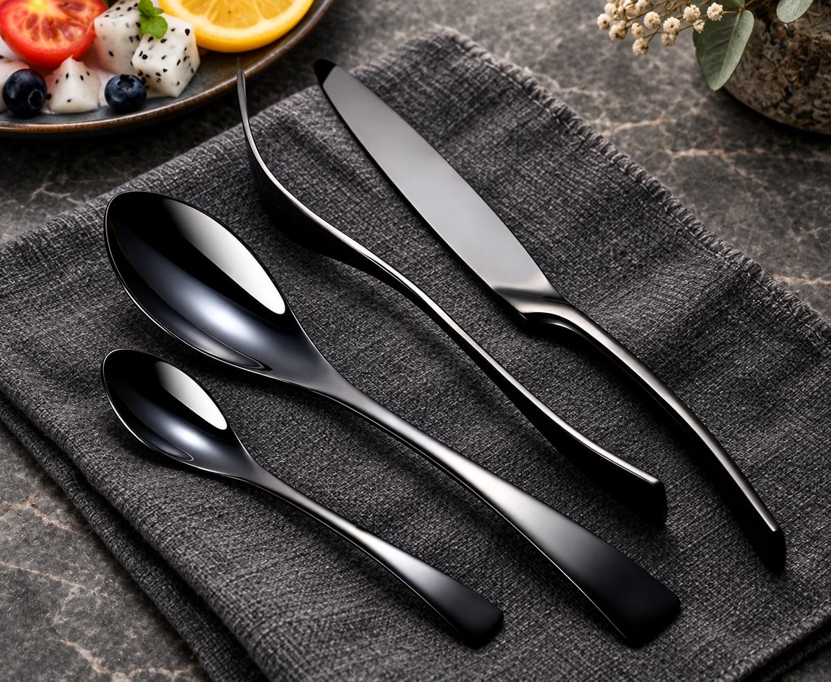 Eira black cutlery set arranged on charcoal linen and gray stone