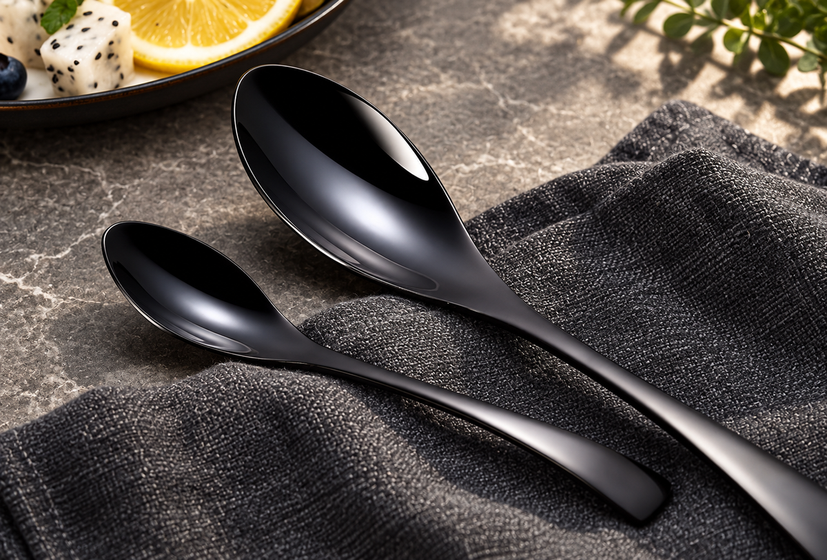 Eira black stainless steel dinner spoon and teaspoon close-up on charcoal linen