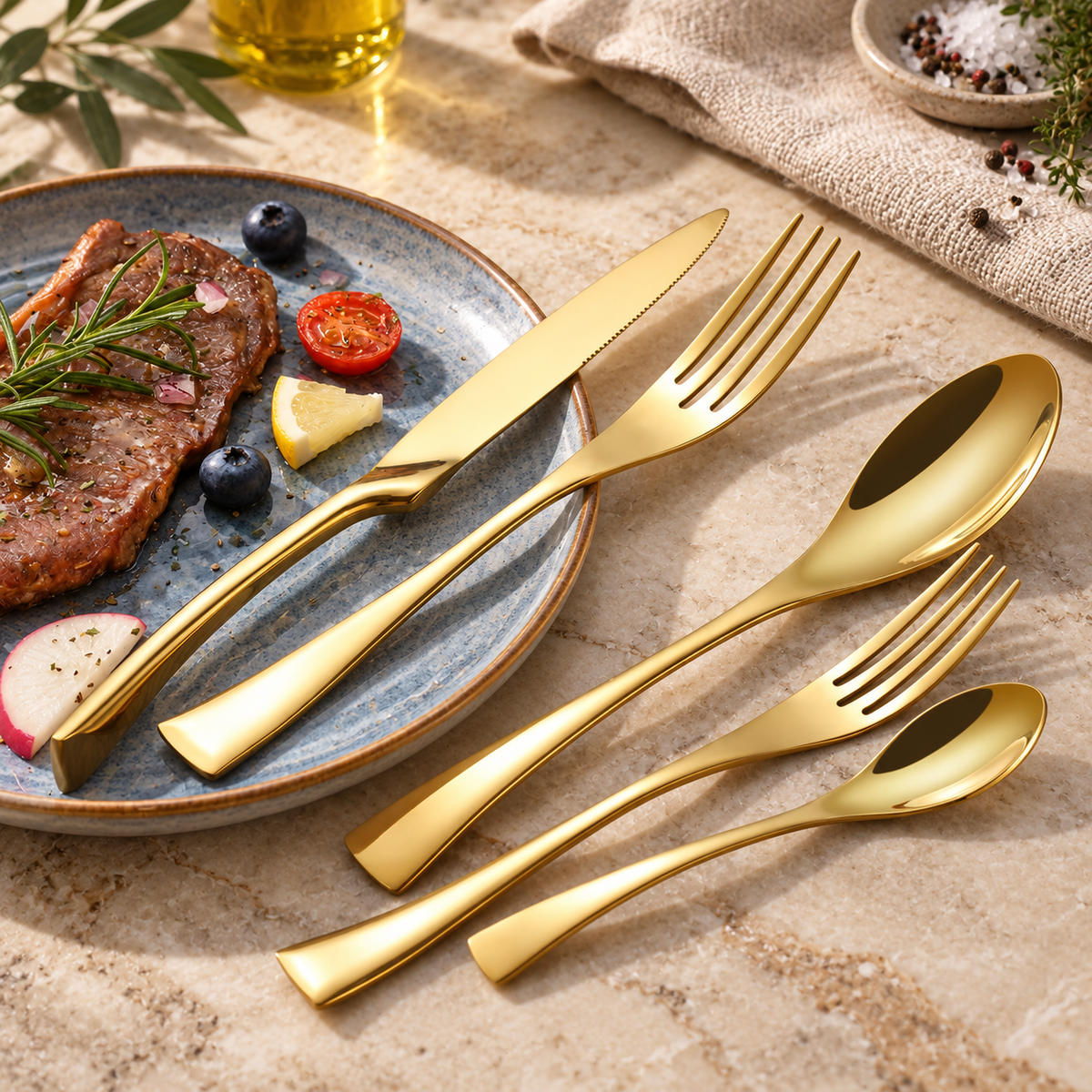 Eira gold stainless steel cutlery set beside a plated meal on a warm dining table