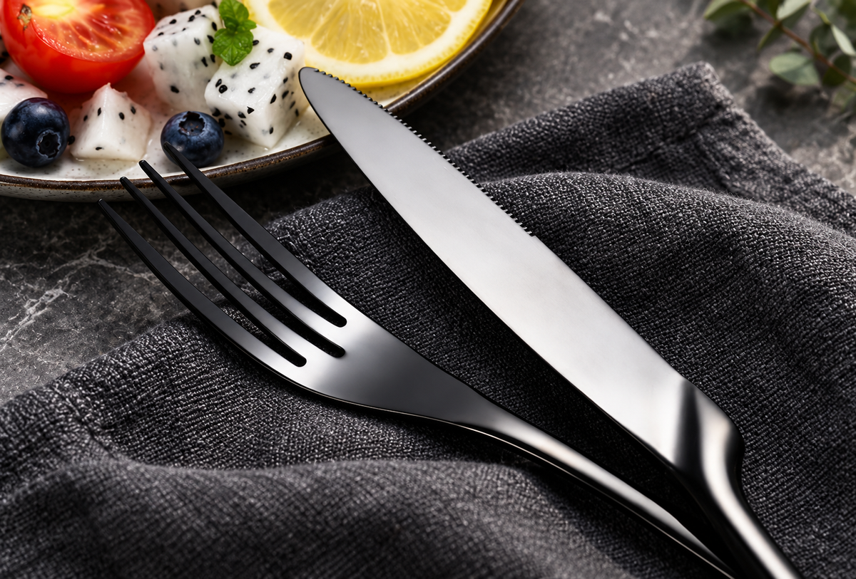 Eira black dinner fork and knife close-up on charcoal linen