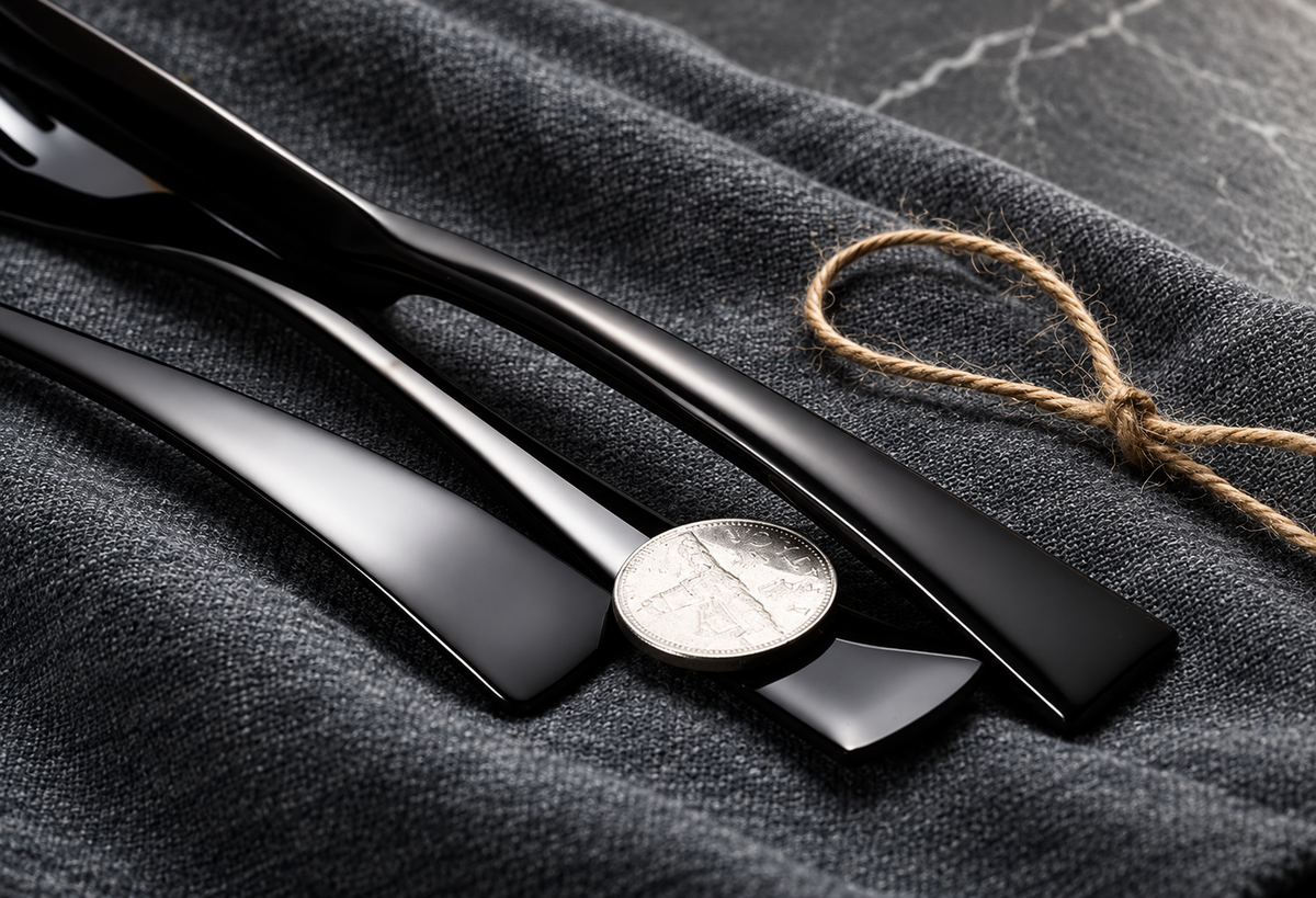 Eira black cutlery handle and finish detail on textured charcoal linen