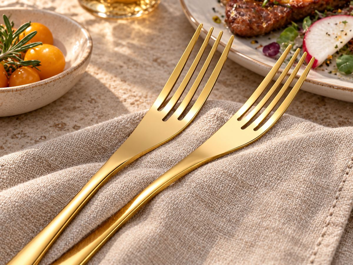 Eira gold stainless steel dinner forks close-up on warm linen
