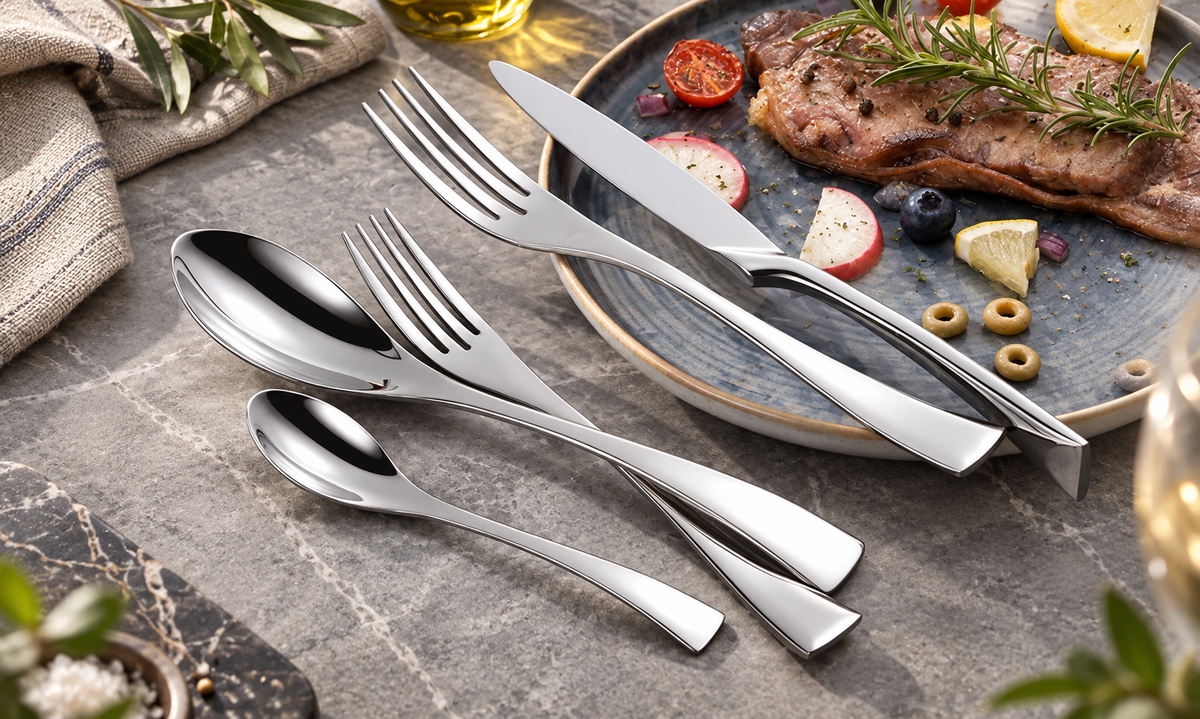 Eira silver stainless steel cutlery set beside a plated meal on gray stone