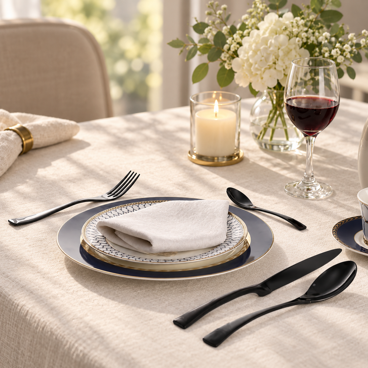 Eira black cutlery set in a modern table setting with white dinnerware