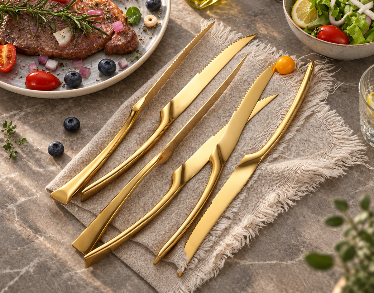 Eira gold stainless steel dinner knives arranged on warm linen and stone