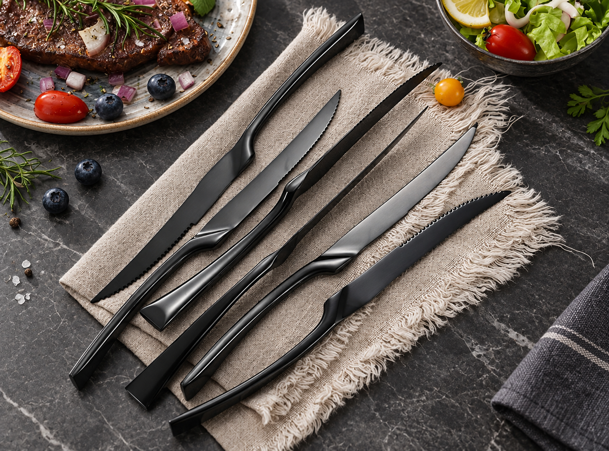 Eira black stainless steel dinner knives arranged on charcoal linen