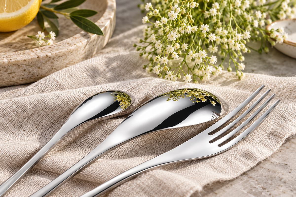 Eira silver spoon and fork close-up on pale linen with natural floral styling