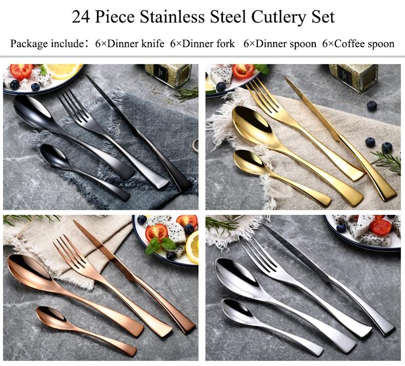 Eira 24-piece cutlery guide showing black, gold, rose gold, and silver finishes