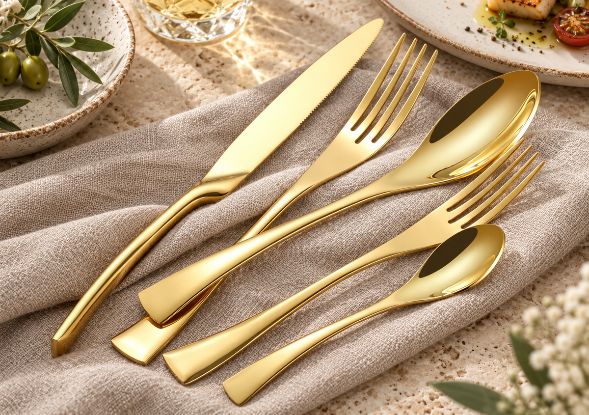 Eira gold stainless steel cutlery set arranged on warm linen and stone