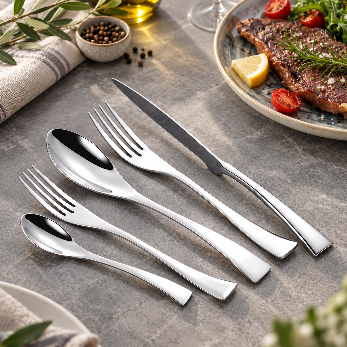 Eira silver stainless steel cutlery set arranged beside a plated meal