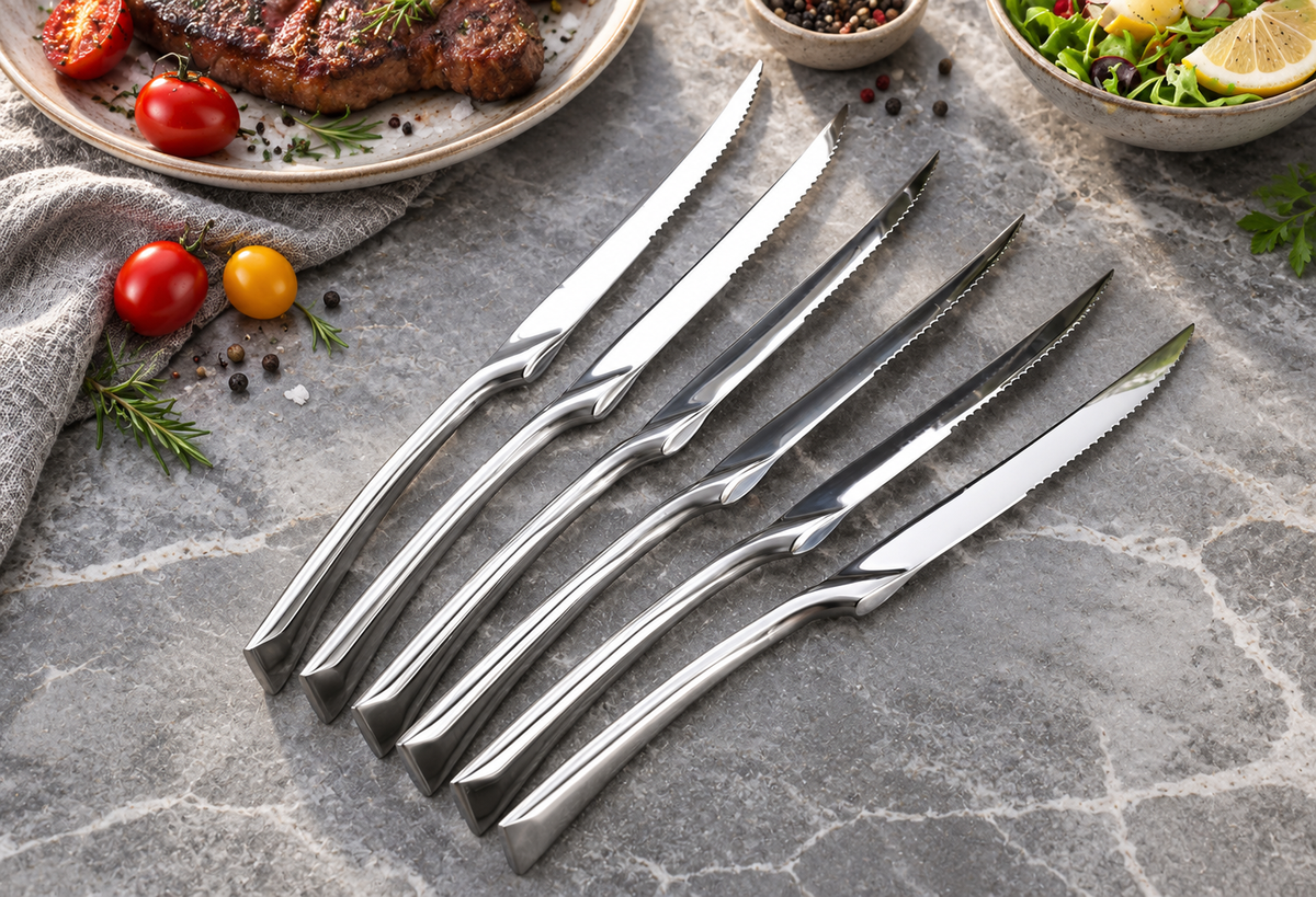 Eira silver stainless steel dinner knives arranged on cool gray stone