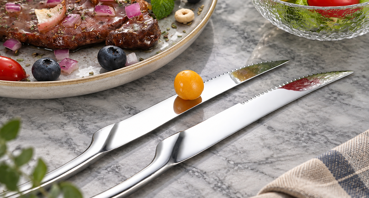 Eira silver dinner knife blade and serrated edge close-up