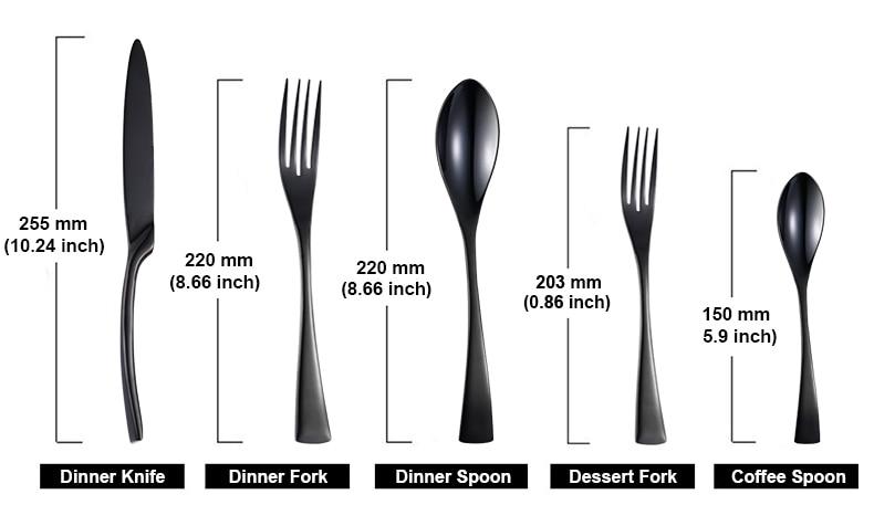 Eira black cutlery dimensions for dinner knife, forks, dinner spoon, and coffee spoon