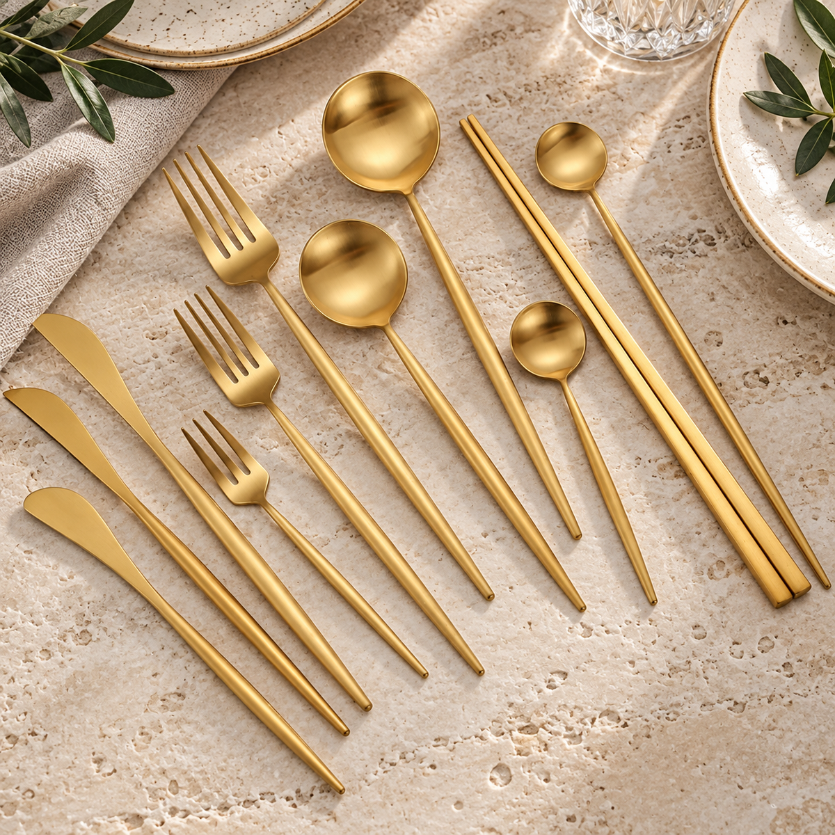 Halden gold stainless steel cutlery arranged on a warm travertine dining table