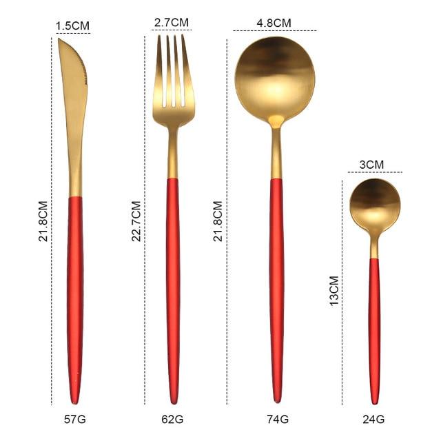 Halden red and gold cutlery dimensions for knife, fork, spoon and teaspoon