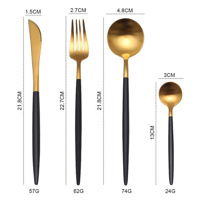 Halden black and gold cutlery dimensions for knife, fork, spoon and teaspoon