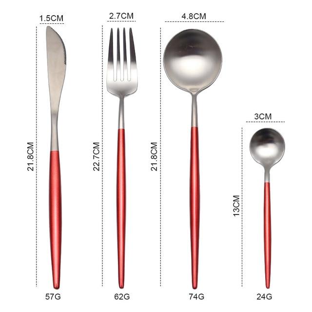 Halden red and silver cutlery dimensions for knife, fork, spoon and teaspoon