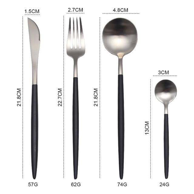 Halden black and silver cutlery dimensions for knife, fork, spoon and teaspoon