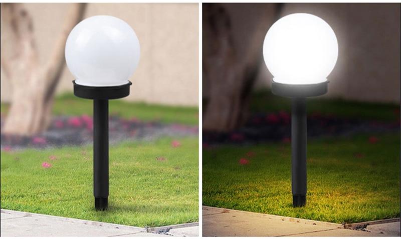 Liv solar pathway lamp shown unlit by day and glowing after dark