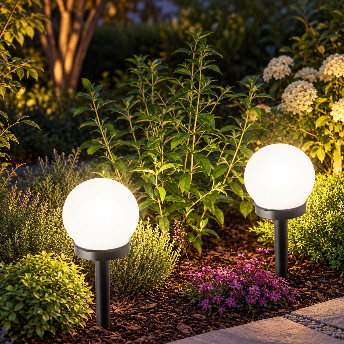 Two Liv solar pathway lamps glowing in a planted garden bed