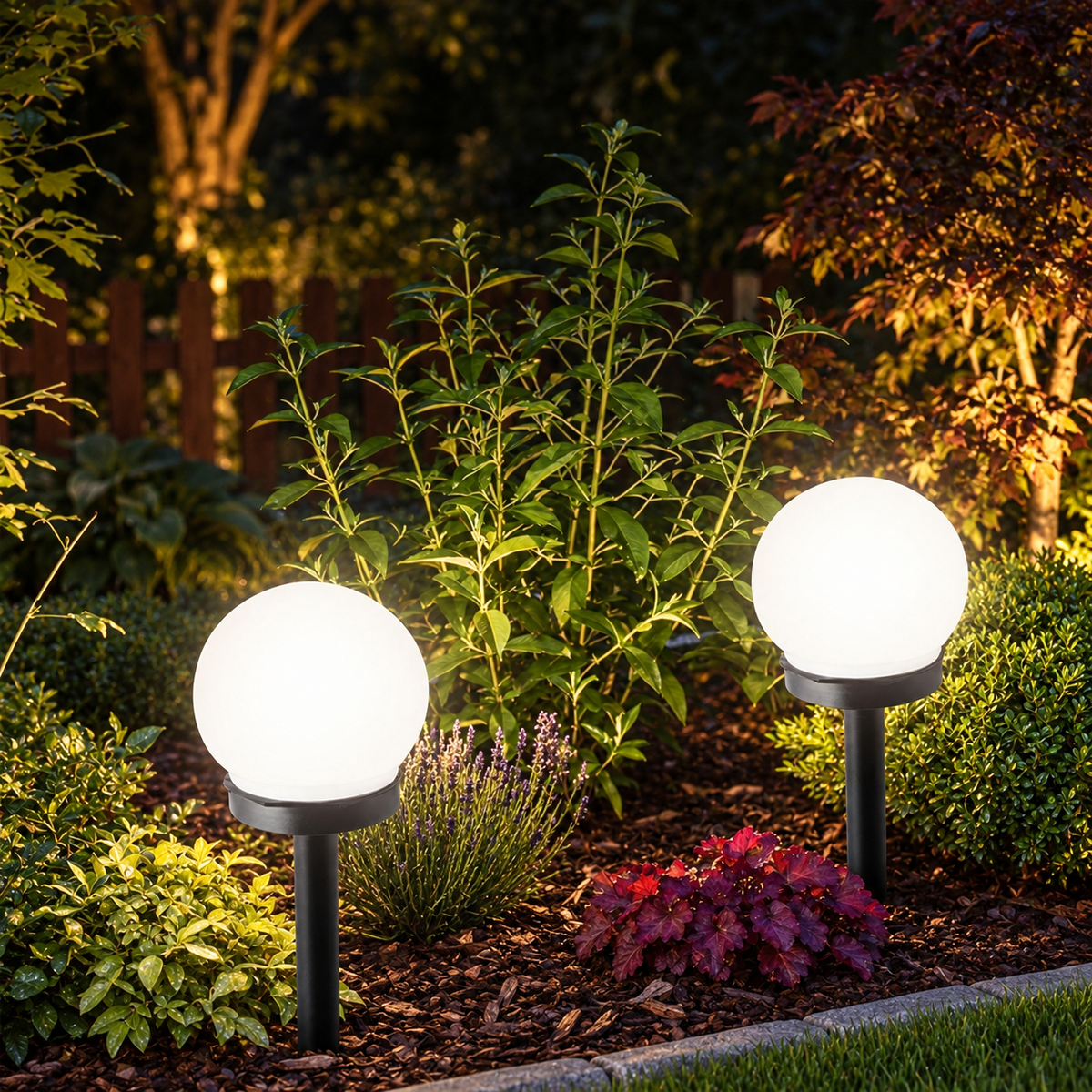 Pair of Liv solar pathway lamps illuminating garden plants at night