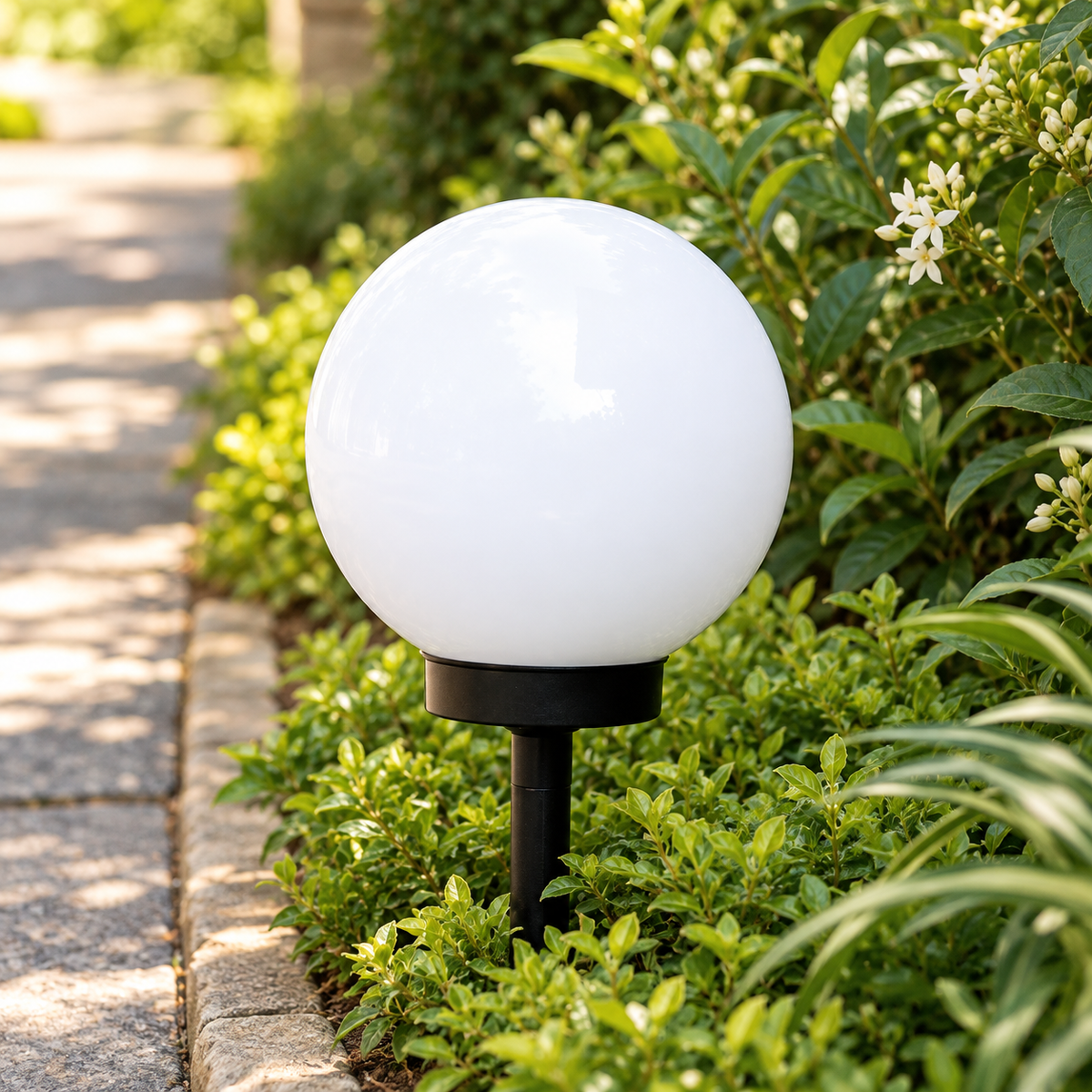 Liv solar pathway lamp with white globe among green shrubs by a path