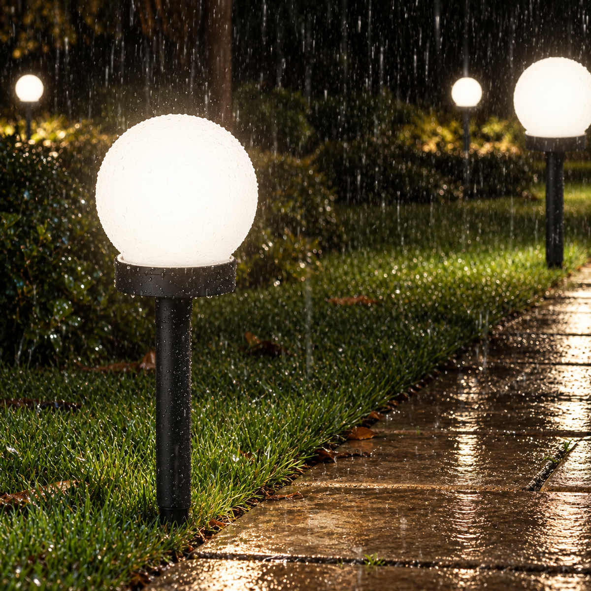 Liv solar pathway lamps glowing beside a wet garden path in rain
